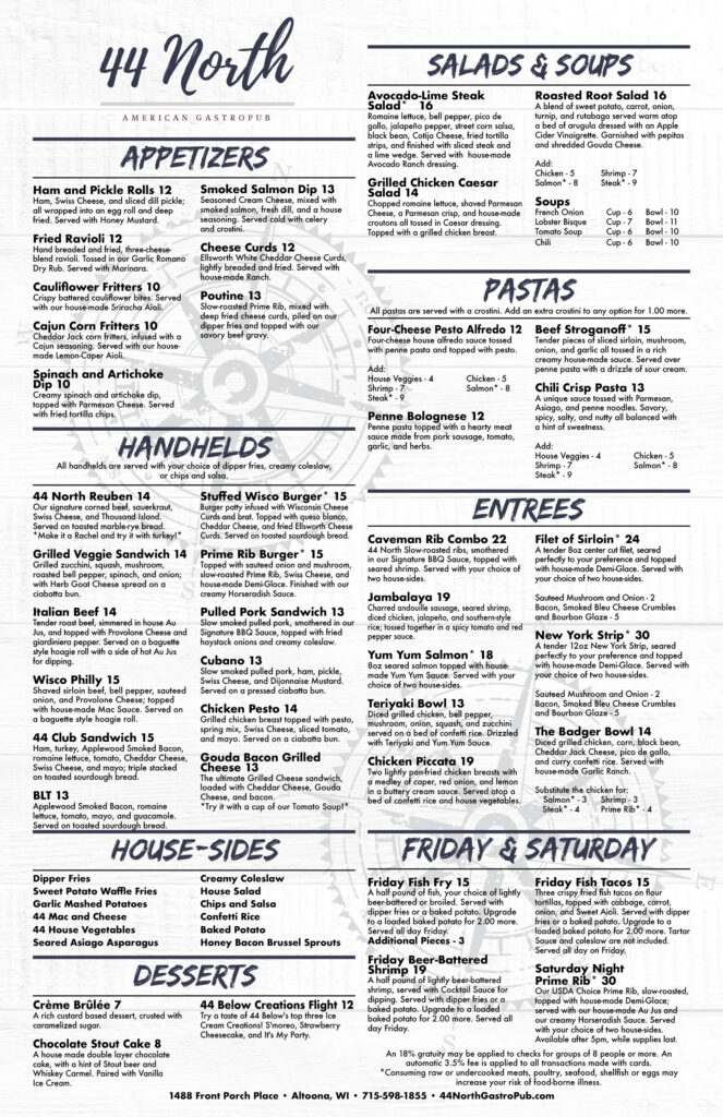 Menu at 44 North American Gastropub and Vs Sports Bar