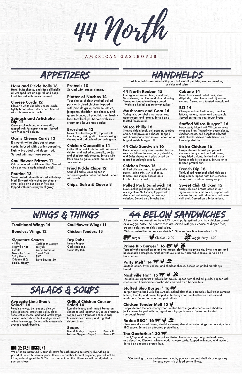 44 North Menu Page 2 featuring Appetizers, Handhelds, Wings, Sandwiches and Burgers