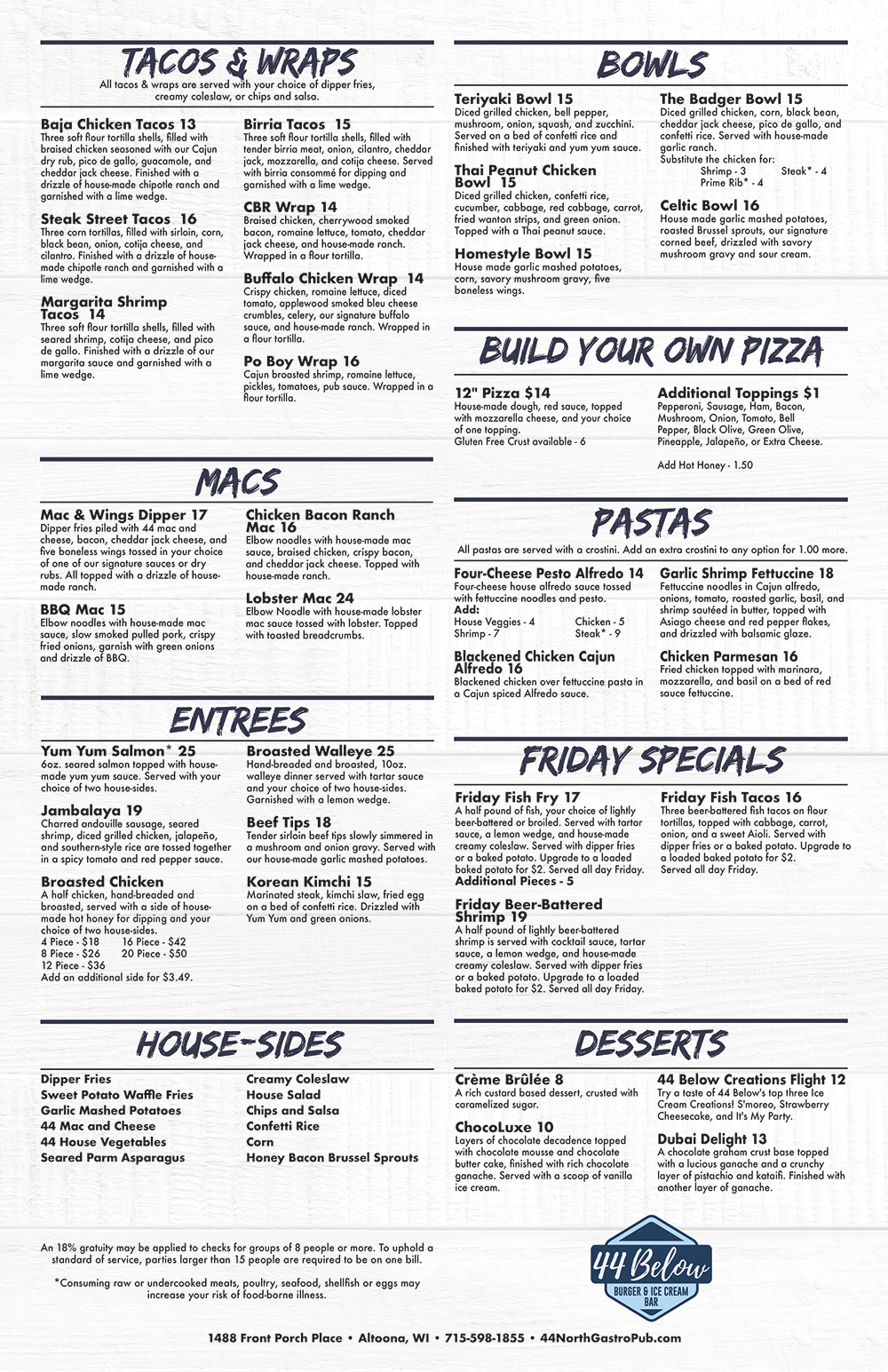 44 North Menu Page 2 featuring Tacos, Wraps, Macs, Bowls, Pizza, Pasta, Entrees and Friday Specials
